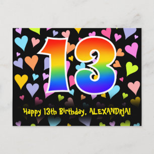 13e verjaardag: leuk hartjes patroon, regenboog 13 briefkaart