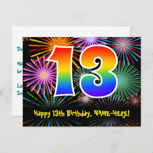 13e verjaardag - Leuk vuurwerkpatroon + Regenboog  Briefkaart (Voorkant / Achterkant)