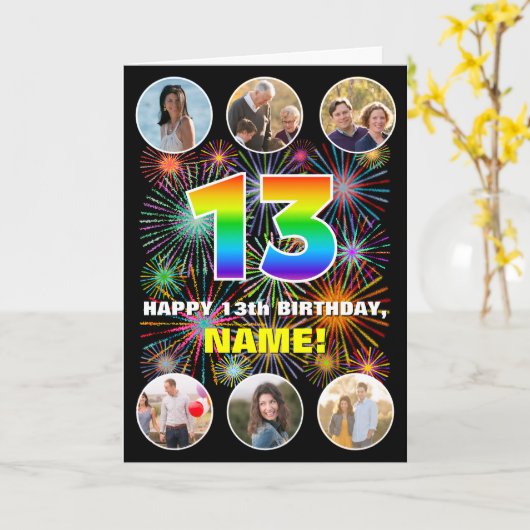 13e verjaardag: Leuke regenboog #, aangepaste naam Kaart (Gele Bloem)