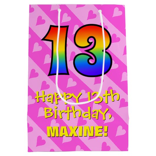 13e verjaardag: Leuke roze harten strepen; Regenbo Medium Cadeauzakje (Achterkant)