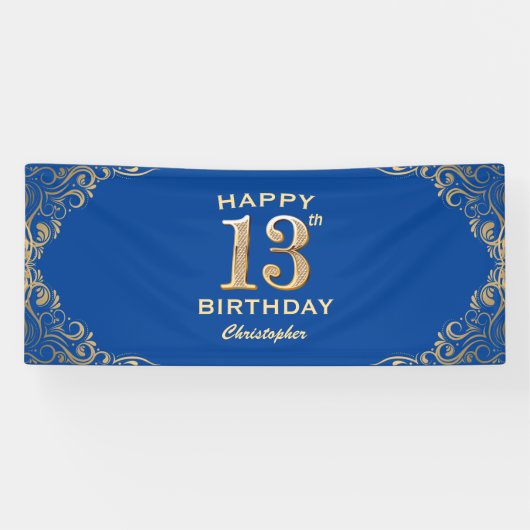 13e verjaardag Lijst Blauw en Glitter Glitter Spandoek (Horizontaal)