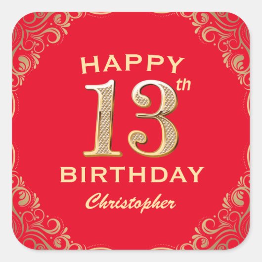 13e verjaardag Lijst van de Rode en de Gouden Glit Vierkante Sticker (Voorkant)