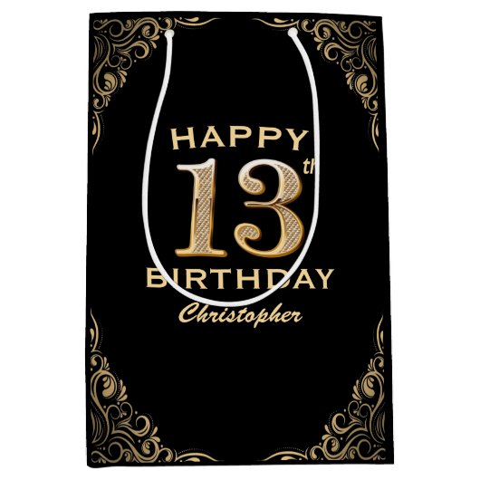 13e verjaardag Lijst voor zwarte en goudglitter Medium Cadeauzakje (Voorkant)