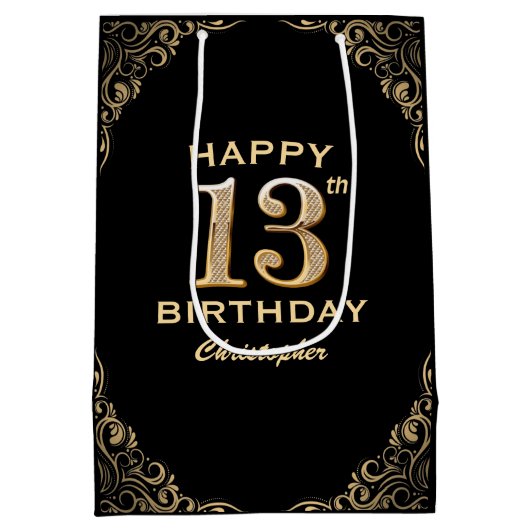 13e verjaardag Lijst voor zwarte en goudglitter Medium Cadeauzakje (Achterkant)