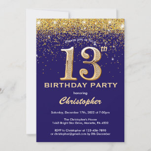 13e verjaardag marineblauw en goudglitter-Confetti Kaart