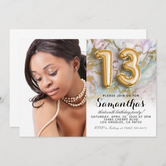 13e verjaardag marmer Gold portret uitnodiging (Voorkant / Achterkant)