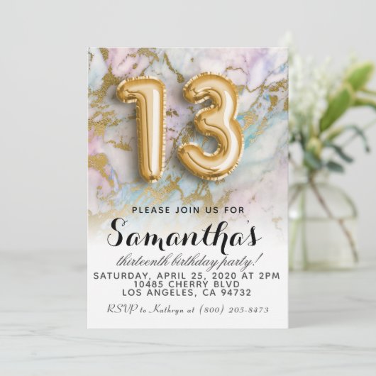 13e verjaardag marmer Gold-uitnodiging Kaart (Staand voorkant)