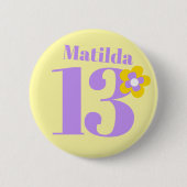 13e verjaardag meisjes geel paars ronde button 5,7 cm (Voorkant)