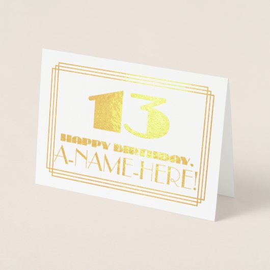 13e verjaardag; naam + Art Deco geïnspireerd look  Folie Kaarten (Voorkant)