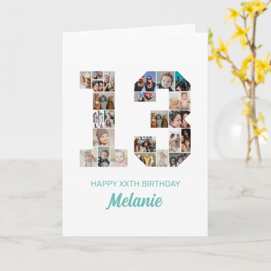 13e verjaardag nummer 13 Fotocollage gepersonalise Kaart (Gele Bloem)