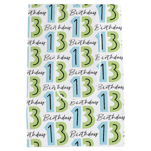 13e verjaardag nummers groen blauw medium cadeauzakje (Achterkant)