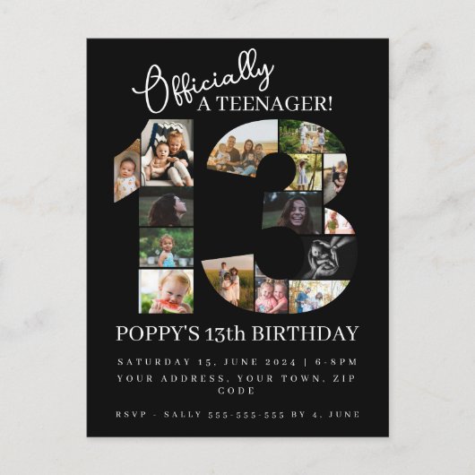 13e verjaardag officieel een tiener fotocollage uitnodiging briefkaart (Voorkant)