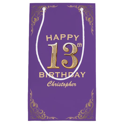 13e verjaardag Paars en goudglitter Lijst Klein Cadeauzakje (Voorkant)