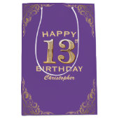 13e verjaardag Paars en goudglitter Lijst Medium Cadeauzakje (Voorkant)