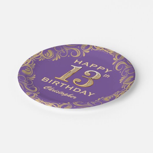 13e verjaardag Paars en goudglitter Lijst Papieren Bordje (Gekanteld)
