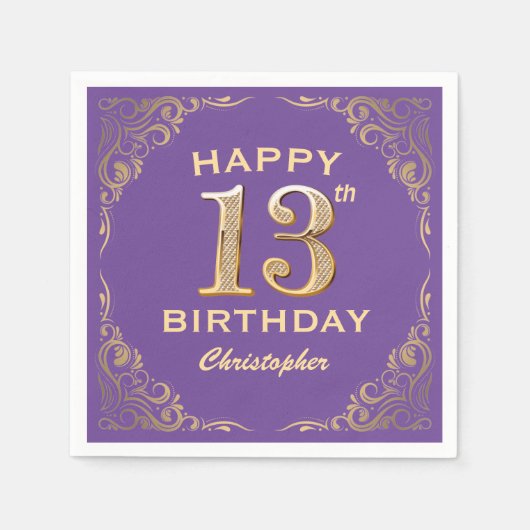 13e verjaardag Paars en goudglitter Lijst Servet (Voorkant)