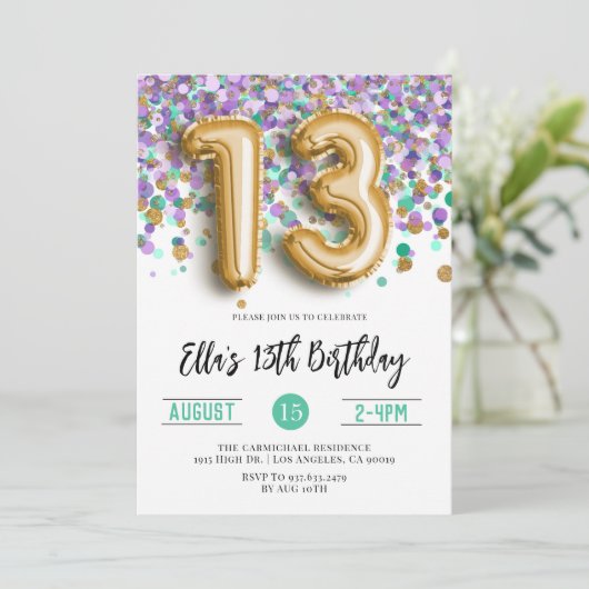 13e verjaardag Paarse Blauwgroen Confetti Kaart (Staand voorkant)