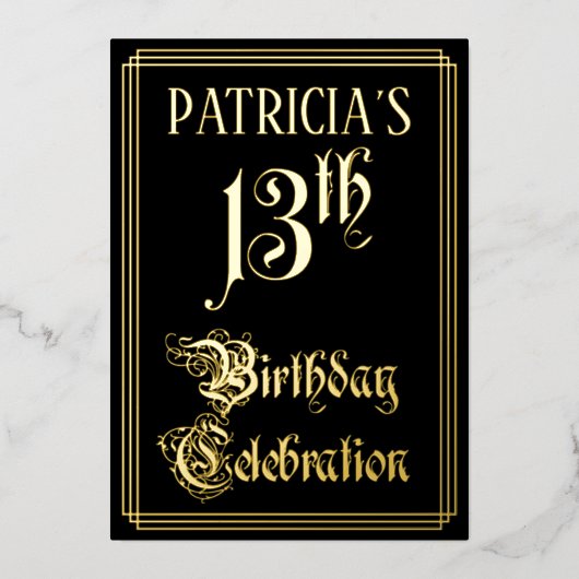 13e verjaardag Partij — Fancy Manuscript & Naam va Folie Uitnodiging (Voorkant)