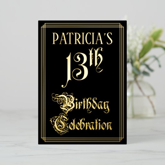 13e verjaardag Partij — Fancy Manuscript & Naam va Folie Uitnodiging (Staand Voorkant)