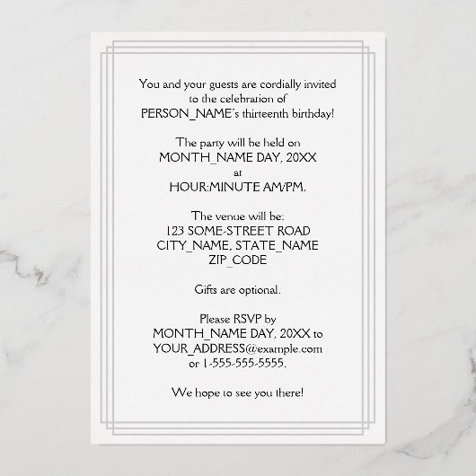 13e verjaardag Partij — Fancy Manuscript & Naam va Folie Uitnodiging (Achterkant)
