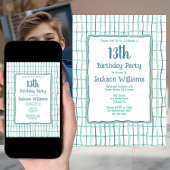 13e Verjaardag Party Hand getekend Uniek Blauw Gro Kaart