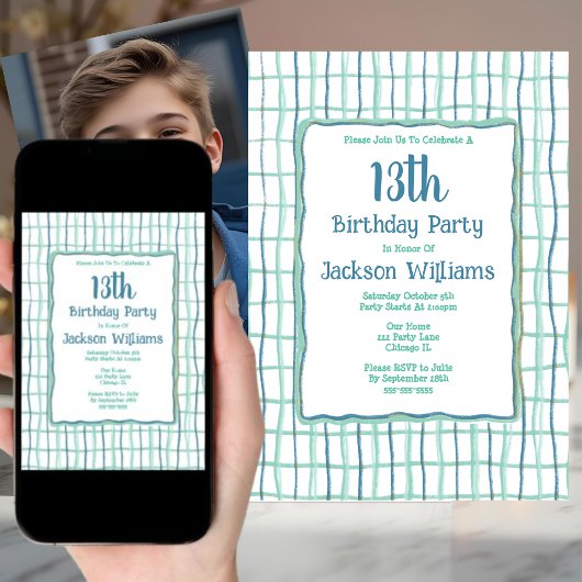 13e Verjaardag Party Hand getekend Uniek Blauw Gro Kaart