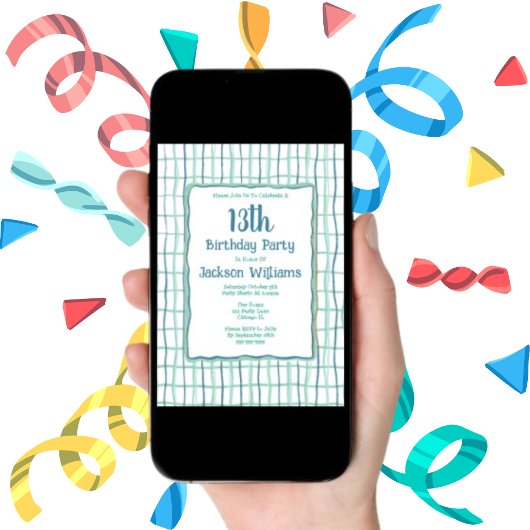 13e Verjaardag Party Hand getekend Uniek Blauw Gro Kaart