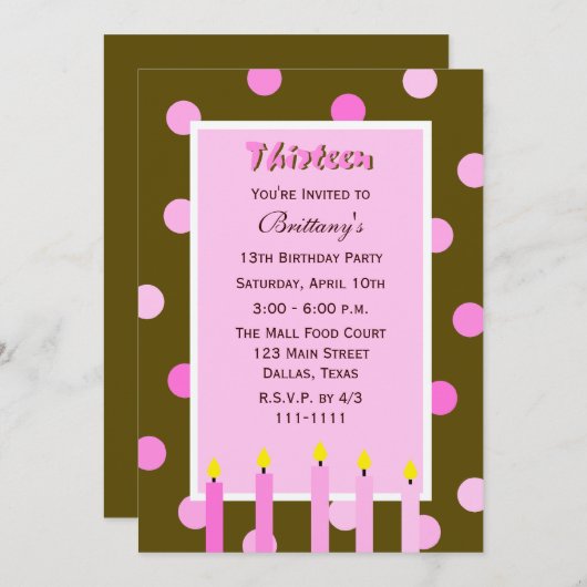 13e verjaardag Party uitnodiging roze polka stippe (Voorkant / Achterkant)