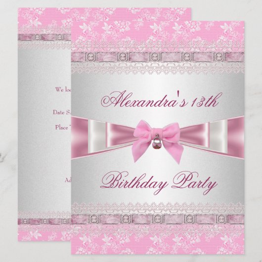 13e verjaardag Pink White Floral Damask Kaart (Voorkant / Achterkant)