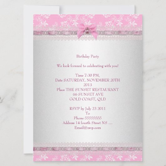 13e verjaardag Pink White Floral Damask Kaart (Achterkant)