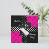 13e verjaardag Polka Dot Hot Pink Black White Kaart (Staand voorkant)