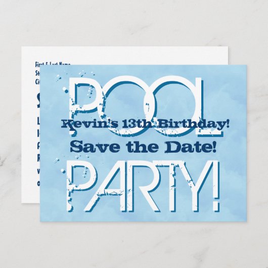 13e verjaardag Pool Party Save the Date V06 Aankondigingskaart (Voorkant / Achterkant)