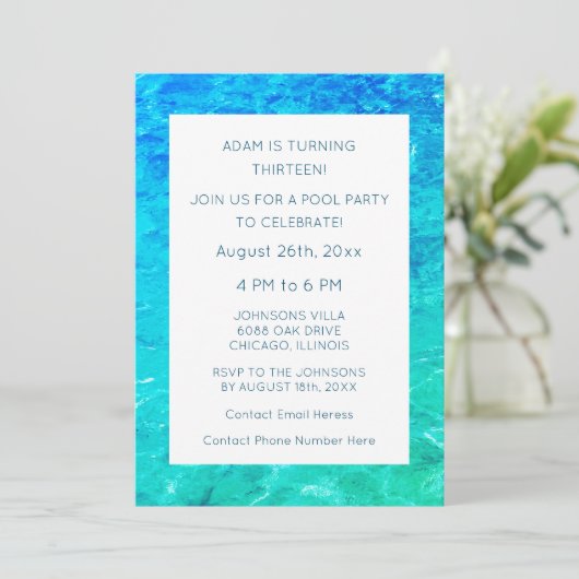 13e Verjaardag Pool Party Water Blauw Groen Custom Kaart (Staand voorkant)