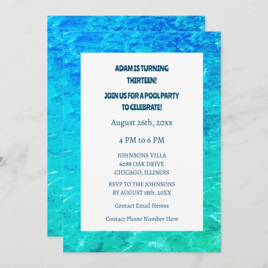 13e Verjaardag Pool Party Water Dertiende Cool Kaart (Voorkant / Achterkant)