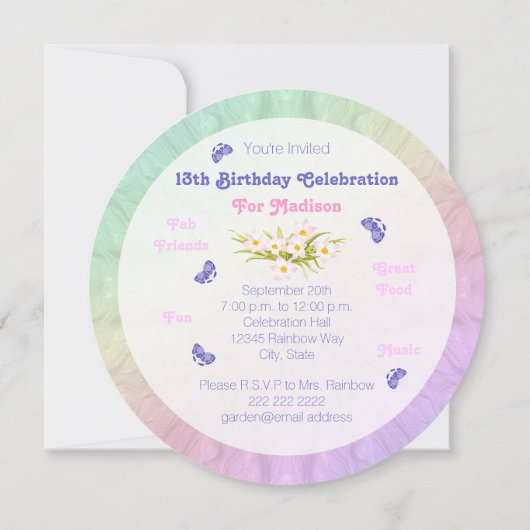 13e verjaardag Rainbow Butterflies Uitnodiging (Achterkant)