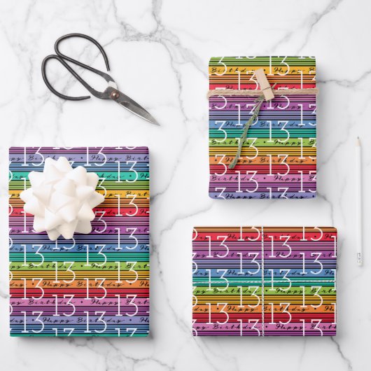 13e verjaardag Rainbow Stripe Typografie Inpakpapier Vel (Voorkant)