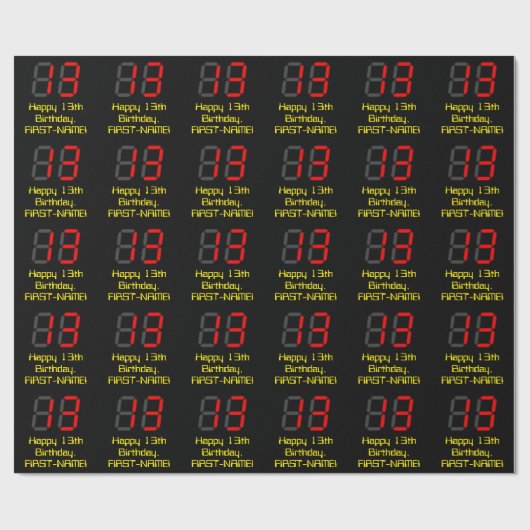 13e verjaardag: Red Digital Clock Style "13" + naa Cadeaupapier (Vlak)
