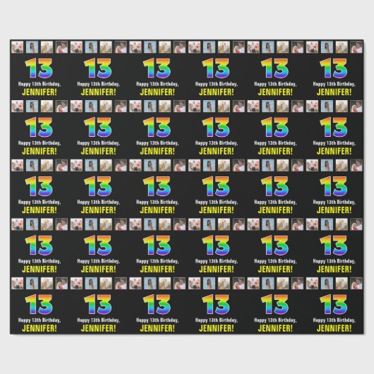 13e verjaardag: Regenboog "13"; Aangepaste foto's  Cadeaupapier (Zoom)