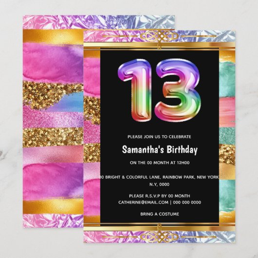 13e verjaardag regenboog glitter kleurrijk feest kaart (Voorkant / Achterkant)