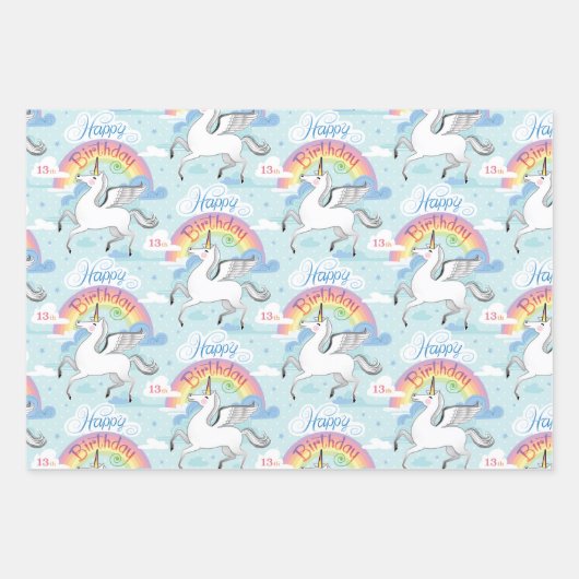 13e verjaardag regenboogstrik Unicorn Blue Clouds Inpakpapier Vel (Voorkant 2)
