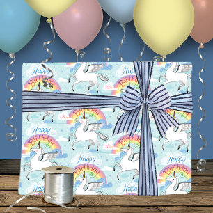 13e verjaardag regenboogstrik Unicorn Blue Clouds  Inpakpapier Vel