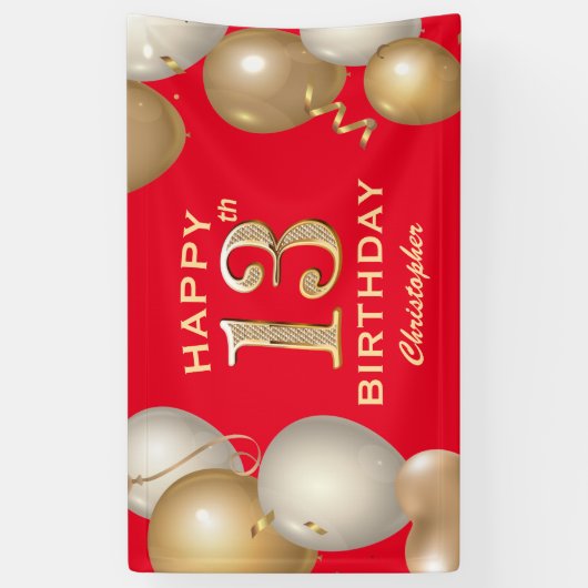 13e verjaardag Rode en goudballonnen van de Rode e Spandoek (Verticaal)