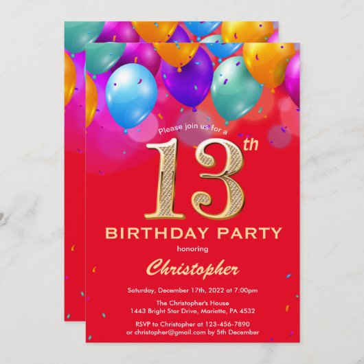 13e verjaardag Rode en goudkleurige ballonnen Kaart (Voorkant / Achterkant)