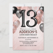 13e verjaardag Roos gouden ballonnen uitnodiging (Voorkant)