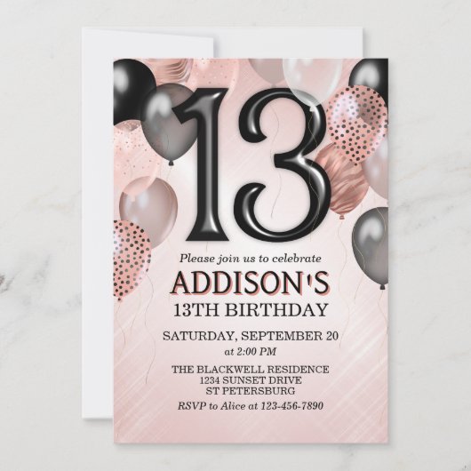 13e verjaardag Roos gouden ballonnen uitnodiging (Voorkant)