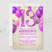 13e verjaardag roze ballonnen uitnodiging (Voorkant)