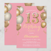 13e verjaardag Roze en gouden ballonnen Confetti Kaart (Voorkant / Achterkant)