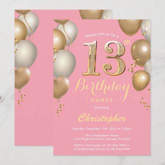 13e verjaardag Roze en gouden ballonnen Confetti Kaart (Voorkant / Achterkant)