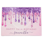 13e verjaardag Roze Paarse glitter-druppels Groot Cadeauzakje (Voorkant)