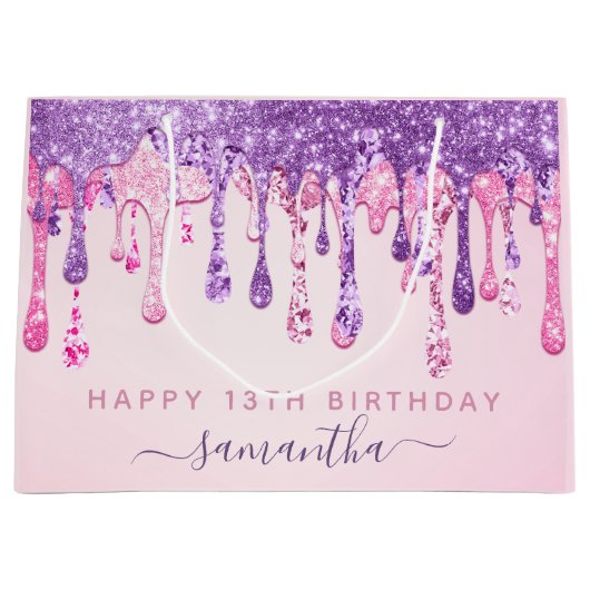 13e verjaardag Roze Paarse glitter-druppels Groot Cadeauzakje (Voorkant)